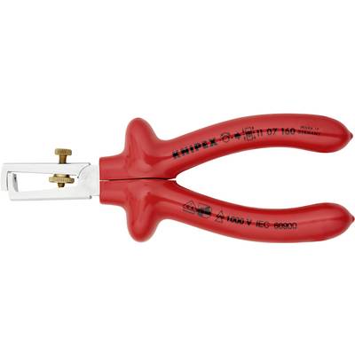 Rote Knipex-Abisolierzange, geeignet für 1000 V, mit einstellbarem Schraubmechanismus zum Entfernen von Isolierung von elektrischen Drähten.