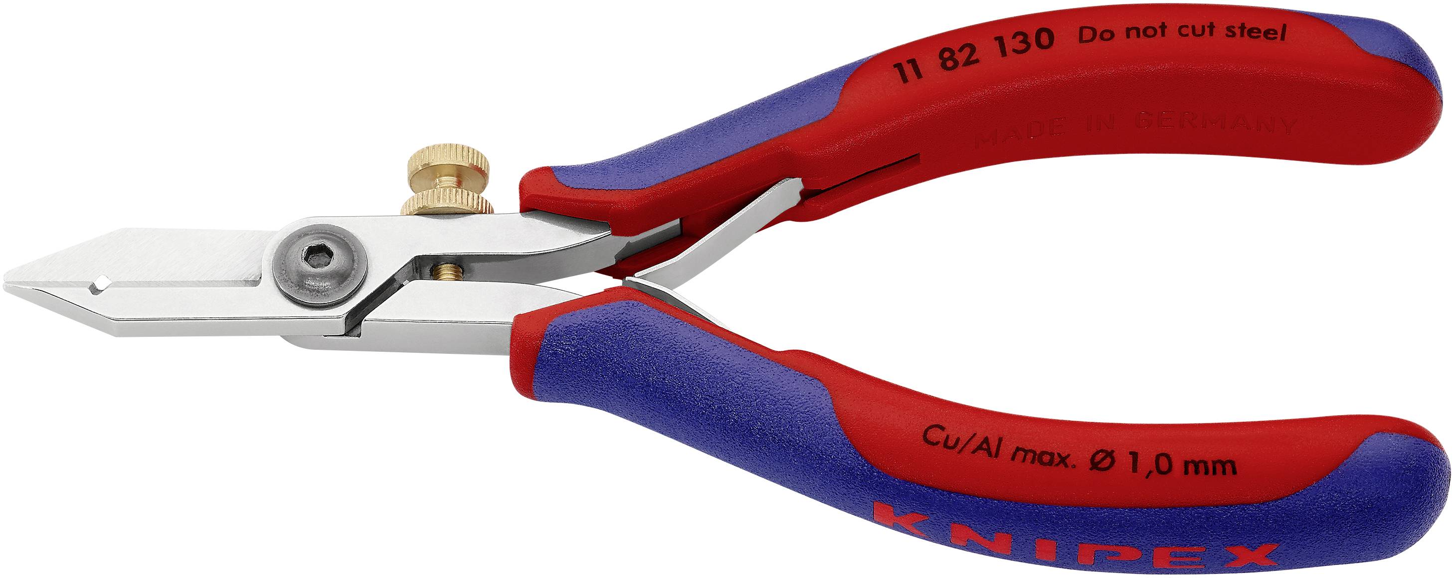 Eine rote und blaue Schneidzange mit der Aufschrift 'Cu/Al max. Ø 1,0 mm', die für das Schneiden von Kupfer- und Aluminiumdrähten geeignet ist.
