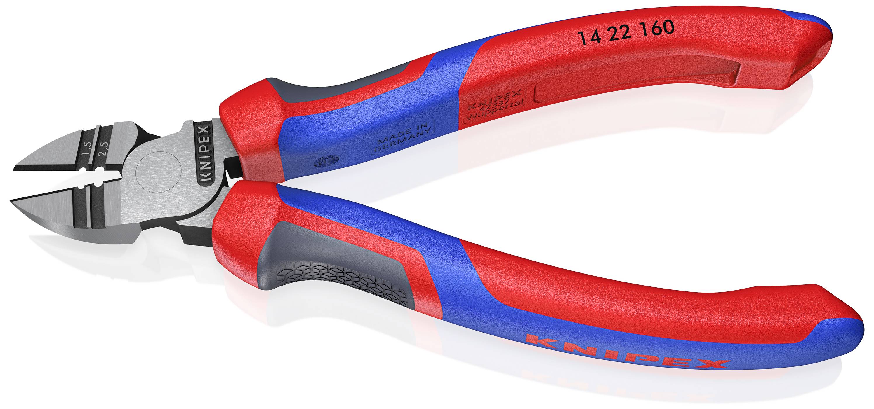 Rote und blaue Schneidzange mit Aufschrift 'Knipex'. Gedacht zum Schneiden von Drähten oder Kabeln.