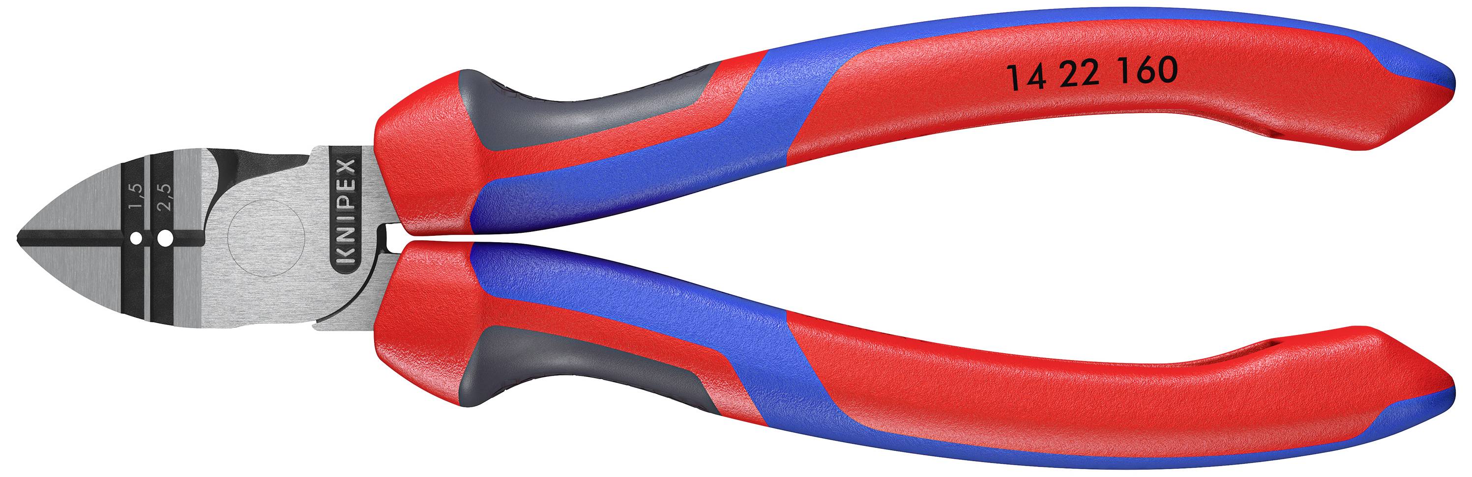 Rote und blaue VDE-geprüfte Seitenschneiderzange von Knipex, geeignet für präzises Schneiden von Draht und Kabeln, isolierte Griffe.