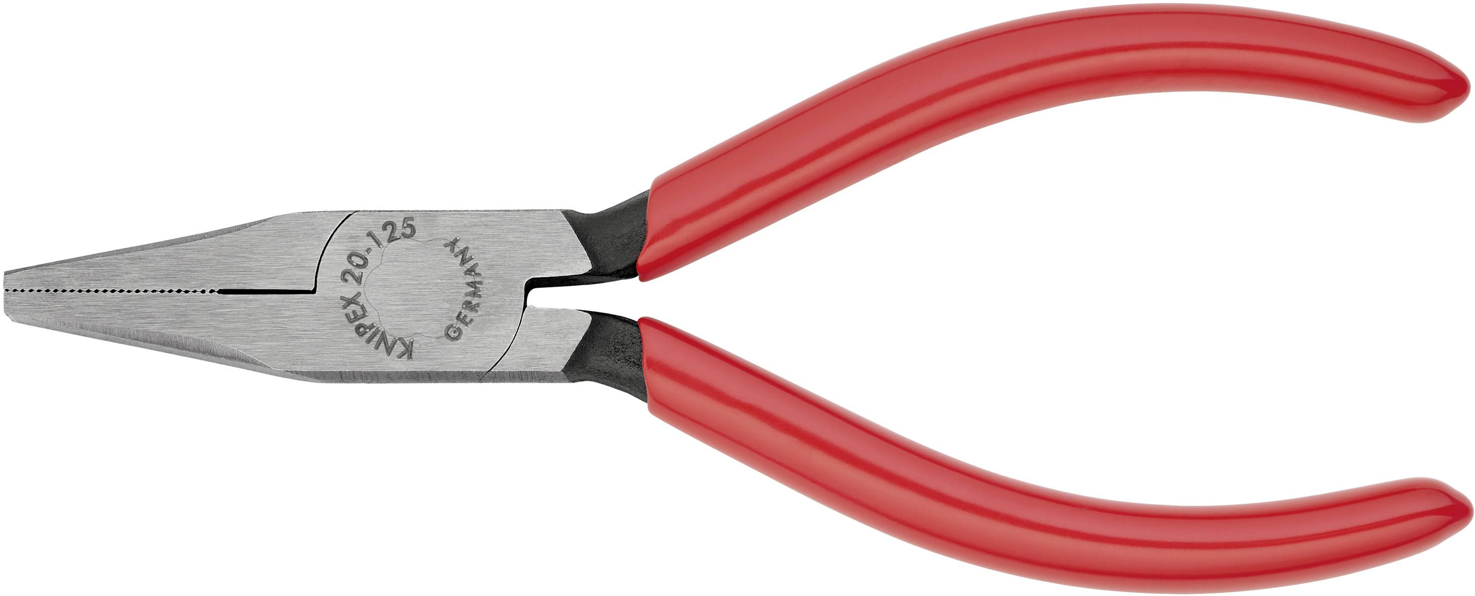 Eine rote Spitzzange mit Metallzangenköpfen und rutschfesten Griffen, geeignet für präzise Arbeiten und Drahtbearbeitung.