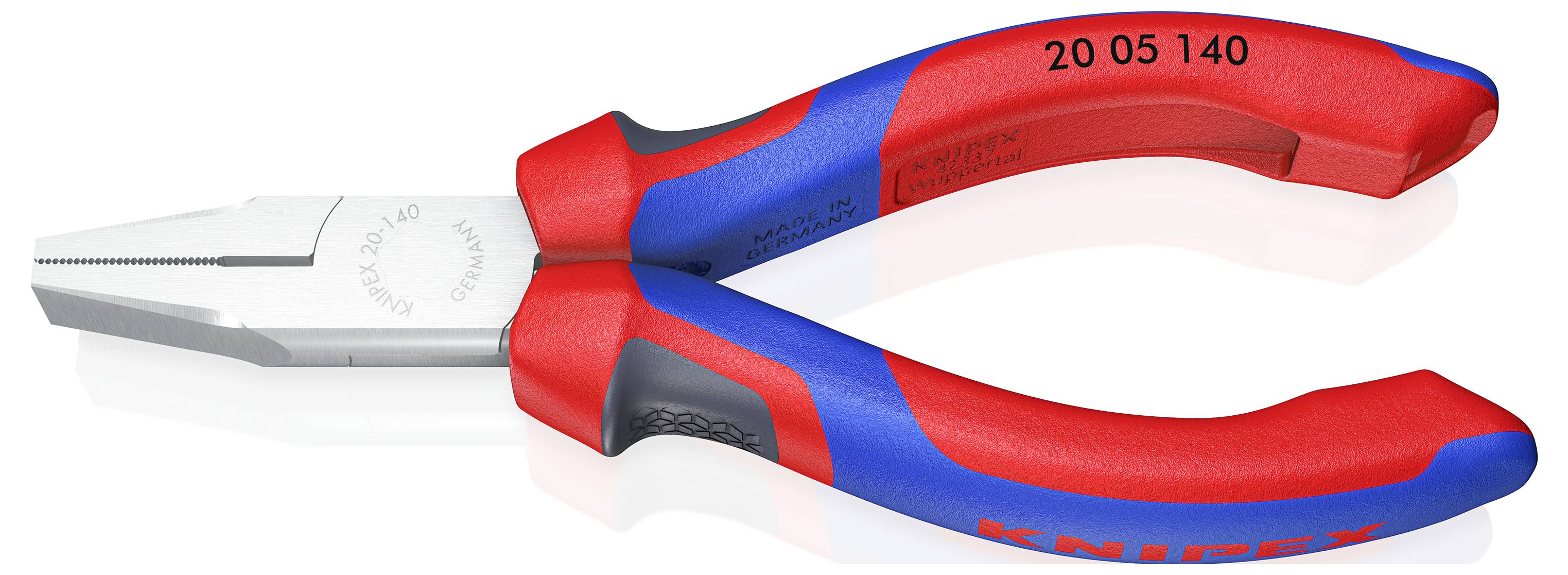 Rote und blaue Kombizange von KNIPEX mit der Aufschrift '20 05 140'. Geeignet zum Greifen und Schneiden von Drähten und Kabeln.