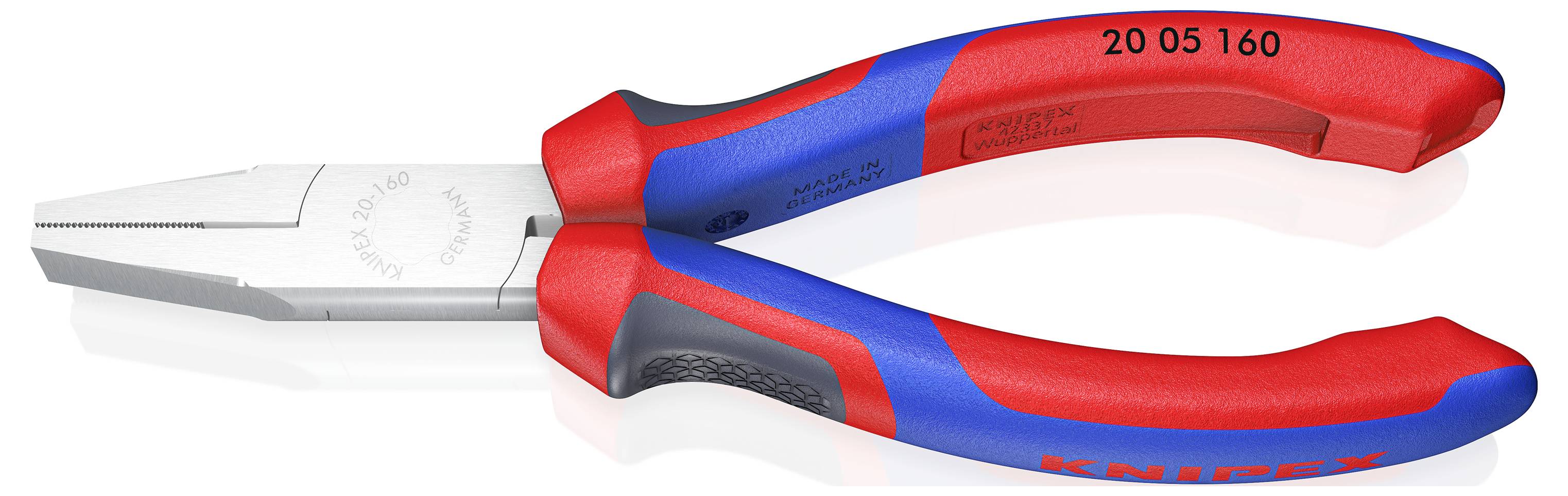 Eine rote und blaue Kombizange der Marke Knipex mit rutschfesten Griffen. Sie wird zum Greifen und Schneiden von Draht verwendet.