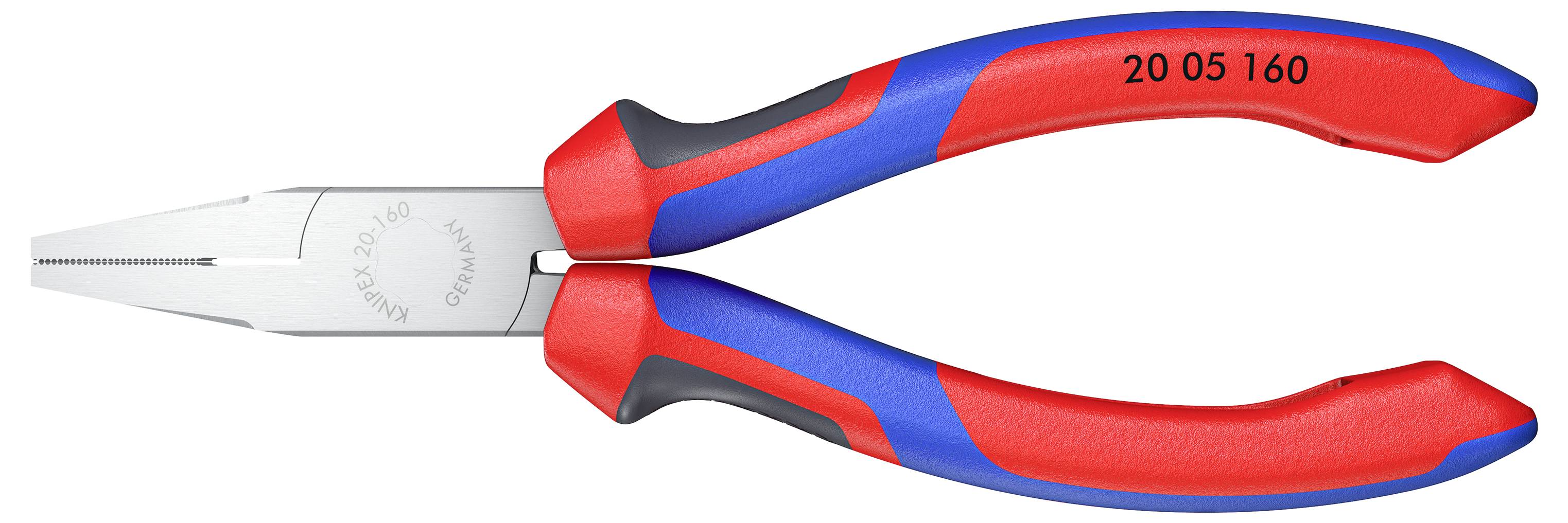 Kombizange mit rot-blauem Griff, geschlossener Zustand, Metallbacken mit fein gezahnten Spitzen.