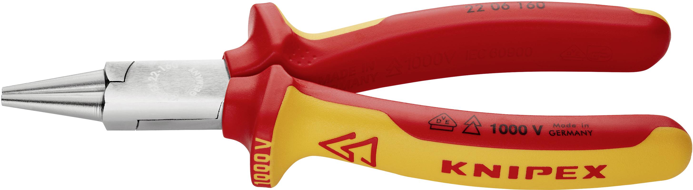 Eine rote und gelbe Knipex Kombizange mit isolierten Griffen für elektrische Arbeiten, Schutz bis 1000 Volt, gefertigt in Deutschland.