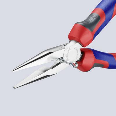 Eine blau-rote Spitzzange mit ergonomischen Griffen ist abgebildet. Die Zange ist offen und zeigt ihre langen, schmalen Greifbacken.