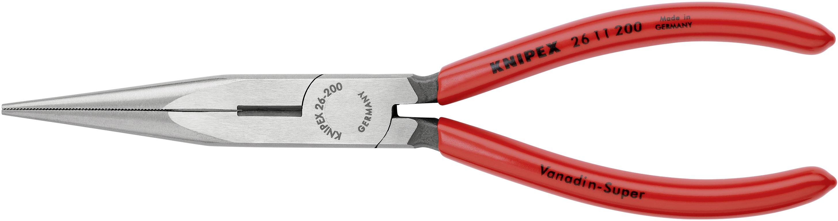 Rote Spitzzange der Marke Knipex, Modell 26 11 200, mit isolierten Griffen. Hauptsächlich für präzise Greif- und Schneidearbeiten gedacht.