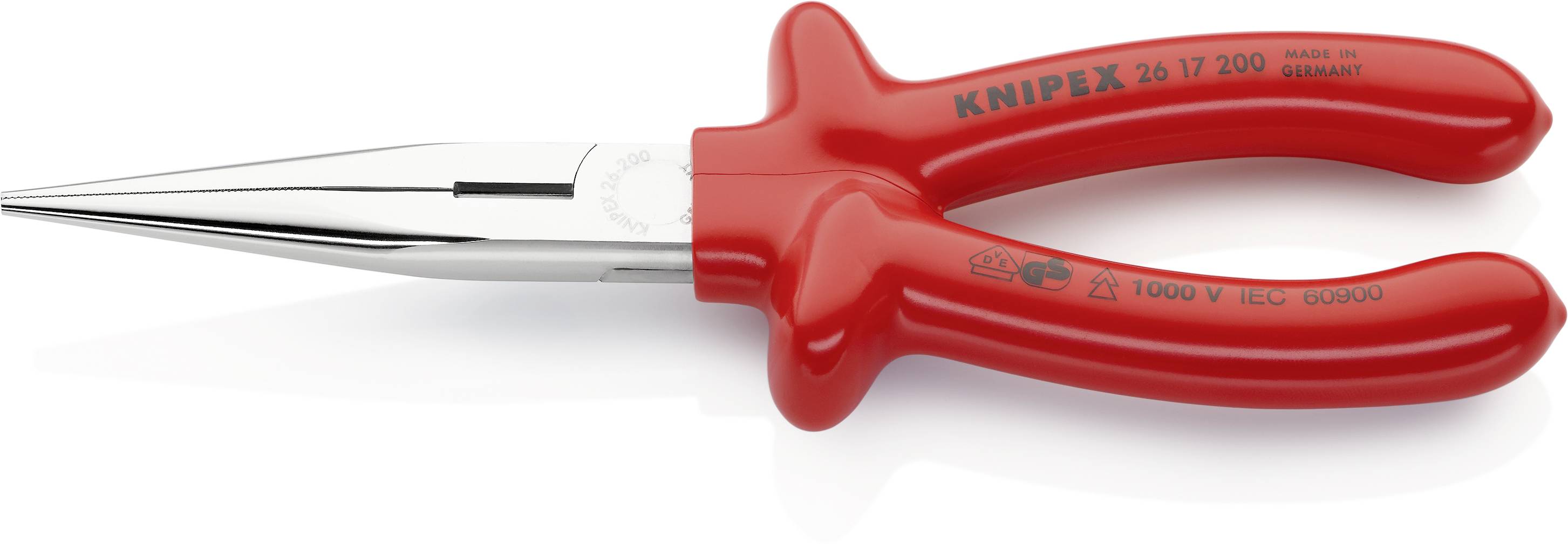 Eine rote Spitzzange mit isolierten Griffen, geeignet für Arbeiten bis 1000 V. Hergestellt in Deutschland, geeignet für präzise Arbeiten.