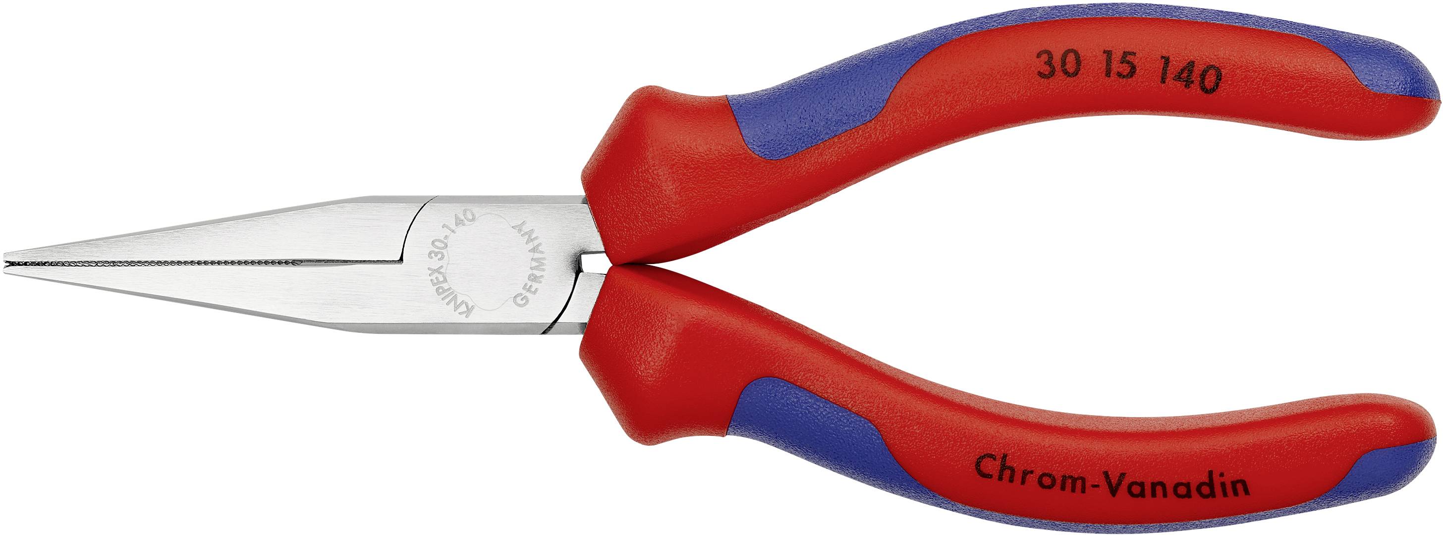 Eine rote Spitzzange mit blauen Griffen, auf der 'Chrom-Vanadin' und die Maße '30 15 140' stehen. Sie dient zum Greifen kleiner Objekte.