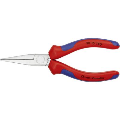 Eine rote Spitzzange mit blauen Griffen, auf der 'Chrom-Vanadin' und die Maße '30 15 140' stehen. Sie dient zum Greifen kleiner Objekte.