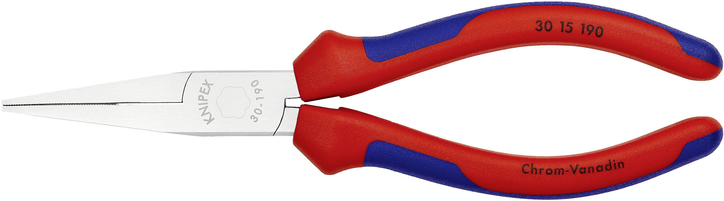 Rote und blaue Knipex-Zange mit geraden Spitzen, geeignet für präzise Arbeiten. Modellnummer und Material 'Chrom-Vanadium' angegeben.