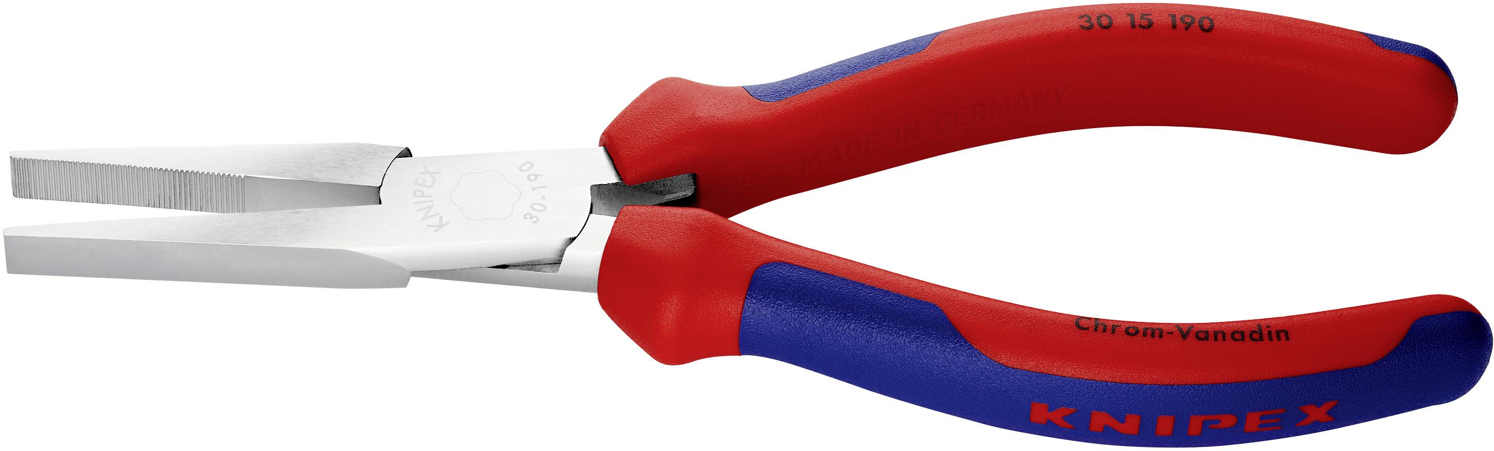 Eine Flachrundzange mit roten und blauen Griffen, ideal für Mechanik- und Heimwerkerarbeiten. Die Marke ist deutlich sichtbar.