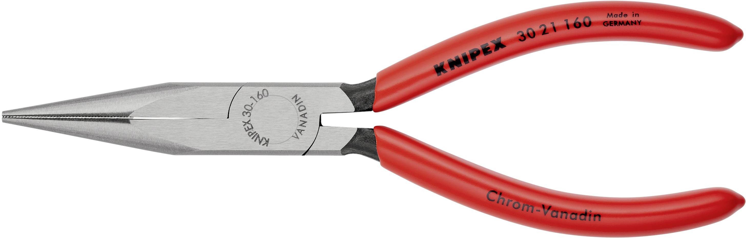 Lange Spitzzange mit roten Griffen, hergestellt von Knipex in Deutschland, aus Chrom-Vanadium-Stahl für präzise Greifarbeiten.