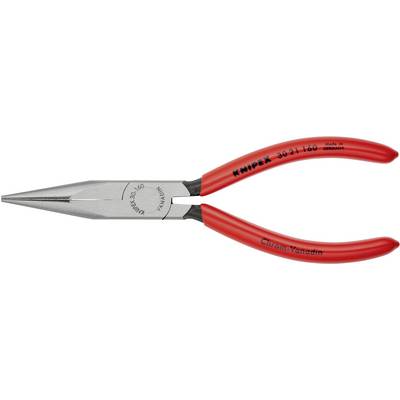 Lange Spitzzange mit roten Griffen, hergestellt von Knipex in Deutschland, aus Chrom-Vanadium-Stahl für präzise Greifarbeiten.