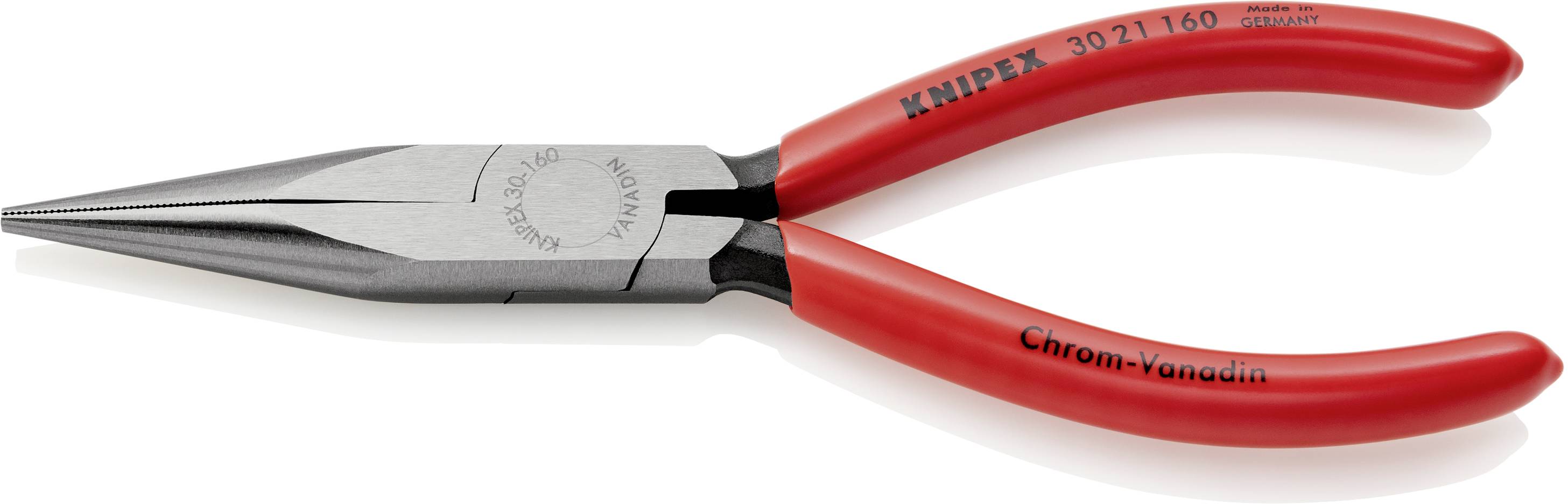 'Spitzzange mit roten Griffen, geeignet für präzise Arbeiten. Marke: Knipex, Modellnummer: 3021160, Material: Chrom-Vanadium-Stahl.'