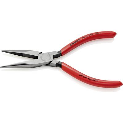 Eine rote Spitzzange mit langen, schlanken Backen und geriffelten Greifflächen, geeignet für präzise Arbeiten in Elektronik oder Handwerk.
