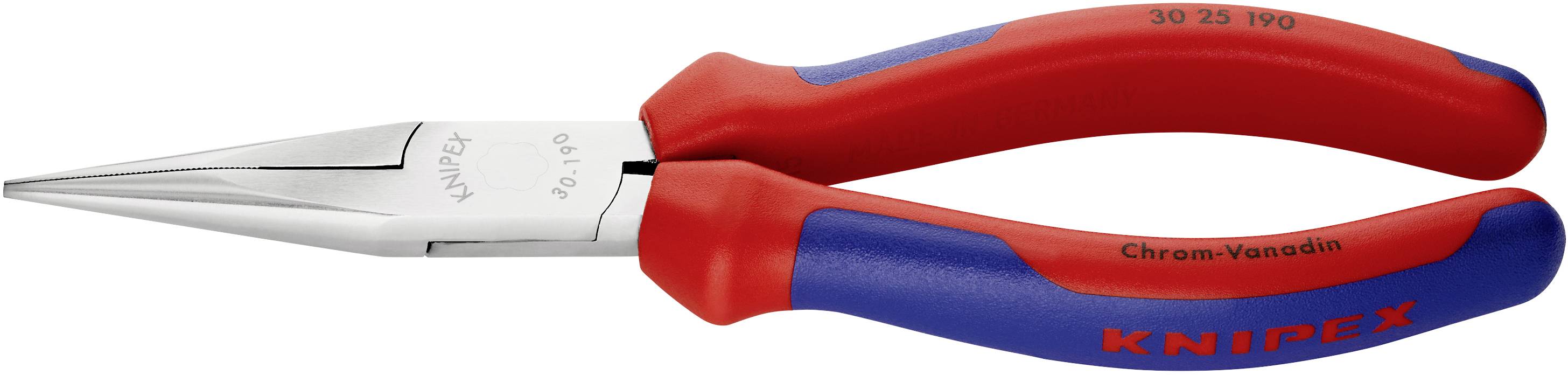 Eine Knipex-Spitzzange mit roten und blauen Griffen und einer silbernen Spitze, geeignet für präzises Greifen und Schneiden.