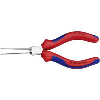 Rote und blaue Präzisionsspitzzange mit schlanken, geraden Backen aus Chrom-Vanadium-Stahl, geeignet für feine Handwerksarbeiten.