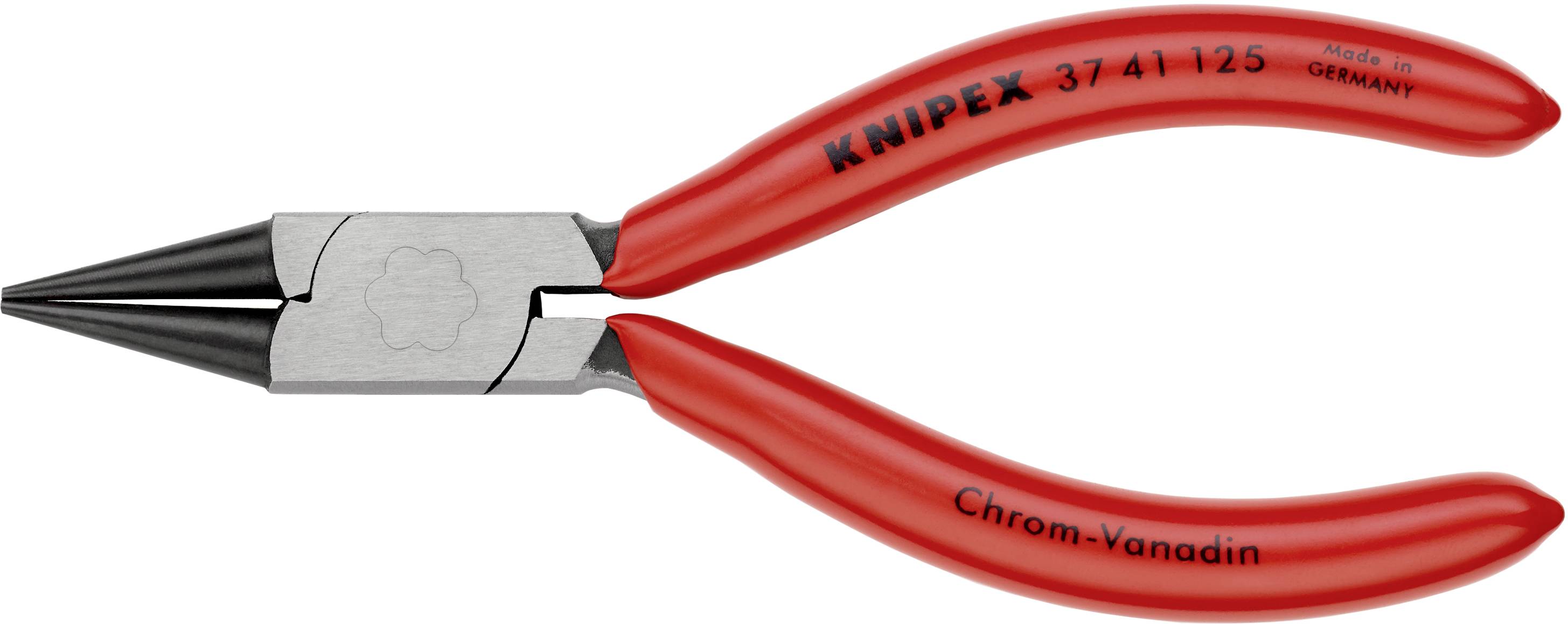 Rote Spitzzange von Knipex, Modell 37 41 125, gefertigt aus Chrom-Vanadium-Stahl, hergestellt in Deutschland.