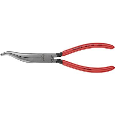 Abgebildet ist eine gebogene, rote Spitzzange mit der Aufschrift 'Knipex' auf dem Griff.