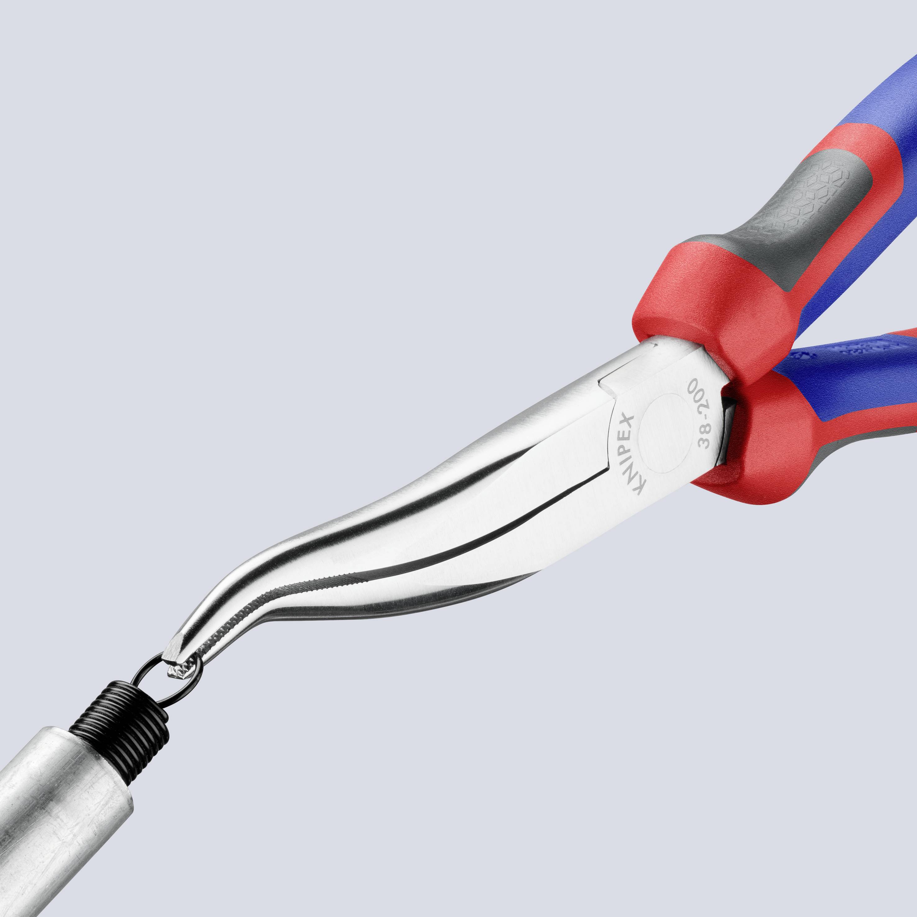 Werkzeug mit ergonomischem Griff und gebogener Spitze, wird zum Greifen und Schneiden von Drähten verwendet.
