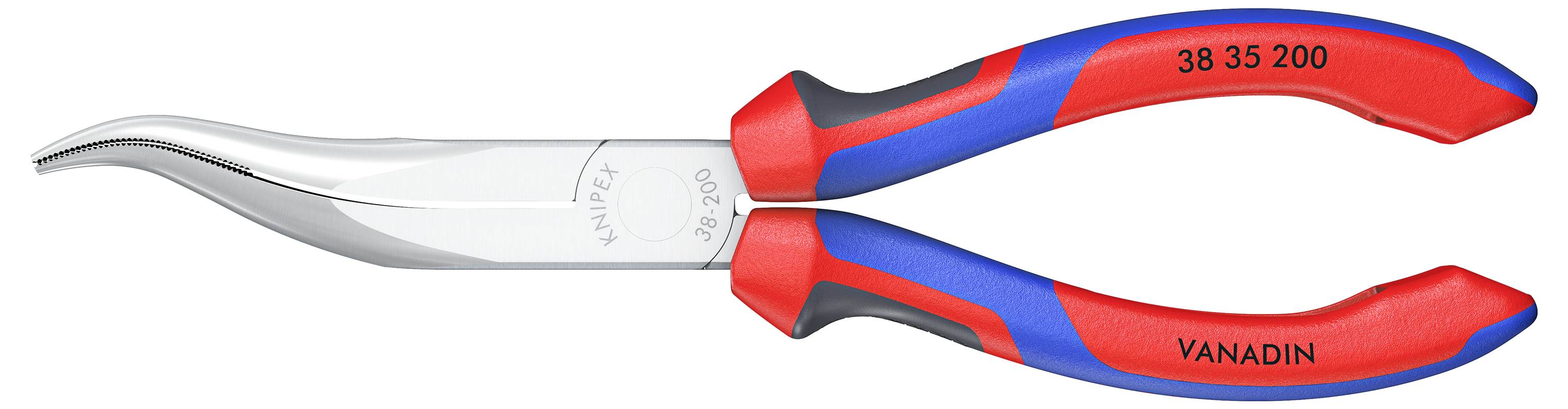 Abgewinkelte Spitzzange mit rot-blauen Griffen und Aufschrift 'VANADIN 38 35 200'. Verwendet zum Greifen oder Biegen von Drähten.