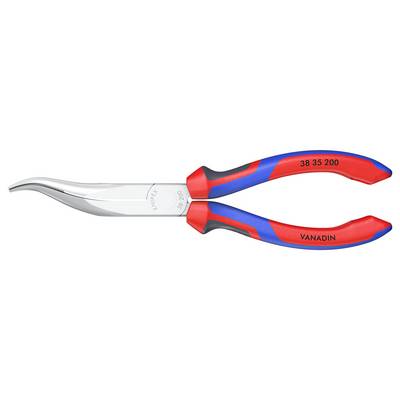 Abgewinkelte Spitzzange mit rot-blauen Griffen und Aufschrift 'VANADIN 38 35 200'. Verwendet zum Greifen oder Biegen von Drähten.