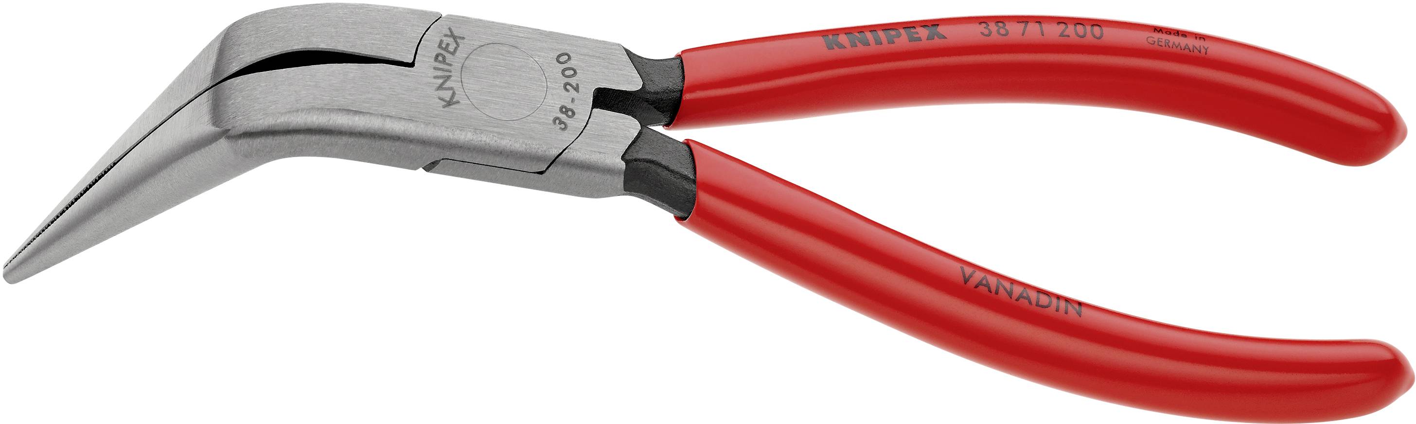 Eine rote, gebogene Spitzzange aus Stahl mit der Aufschrift 'Knipex 38-200', geeignet für präzise Arbeiten in der Elektronik.