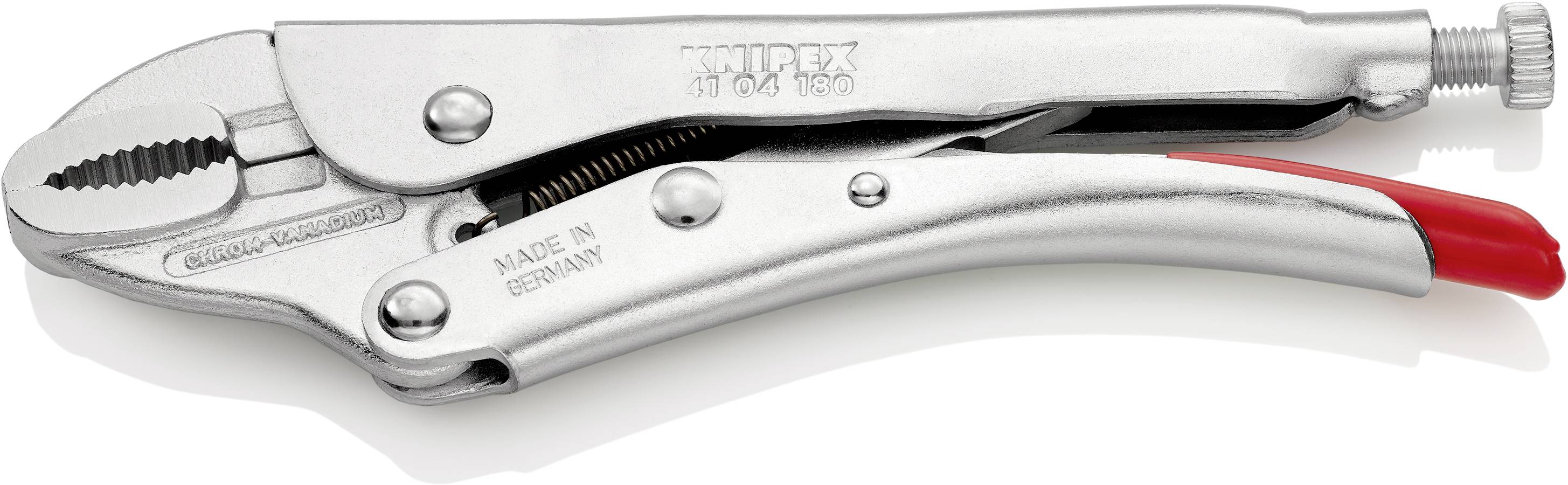 Eine verchromte Feststellzange mit rotem Hebelgriff aus Deutschland. Geeignet für festen Griff bei mechanischen Arbeiten.