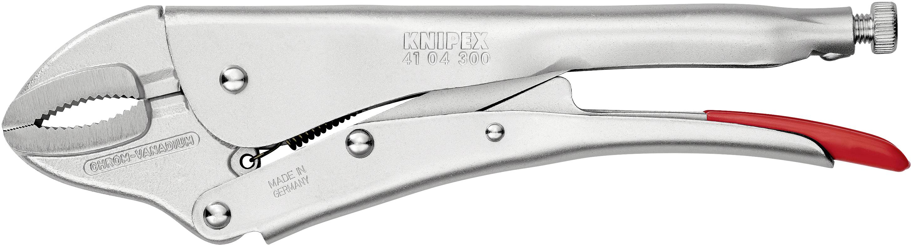 Metallische Greifzange mit Feststellmechanismus, silbern und rot, liegt flach auf einer Oberfläche. Geeignet zum sicheren Halten von Werkstücken.