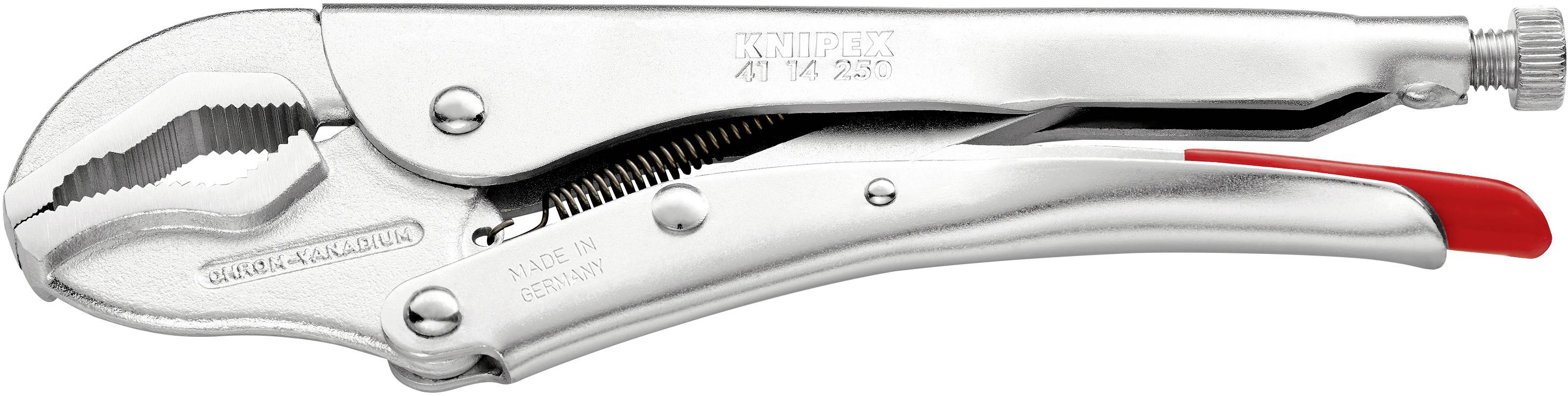 Die Abbildung zeigt eine silberne Klemmschraubzange mit einem roten Griffteil.