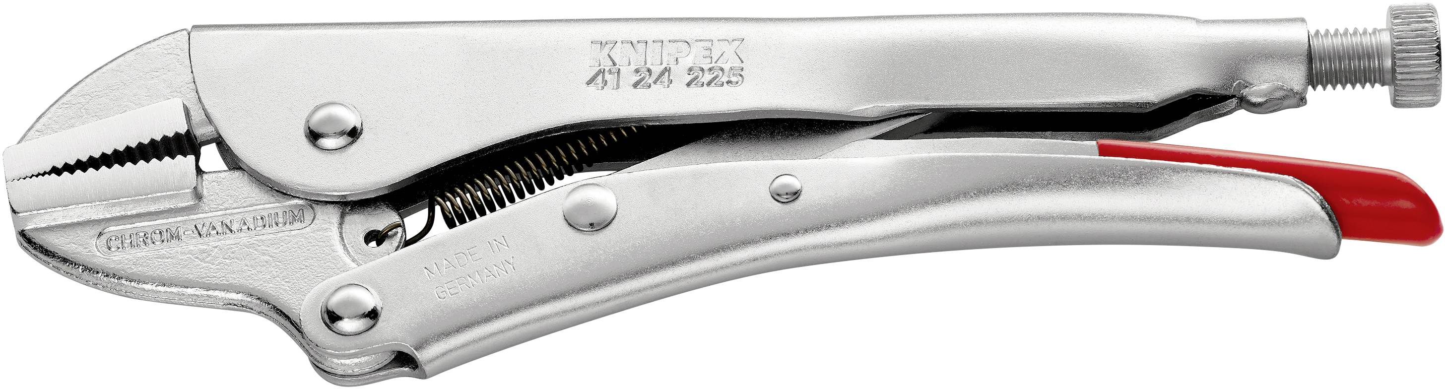 Metallische Klemmzange mit einem roten Griffansatz, justierbar mittels Schraube an der Rückseite.