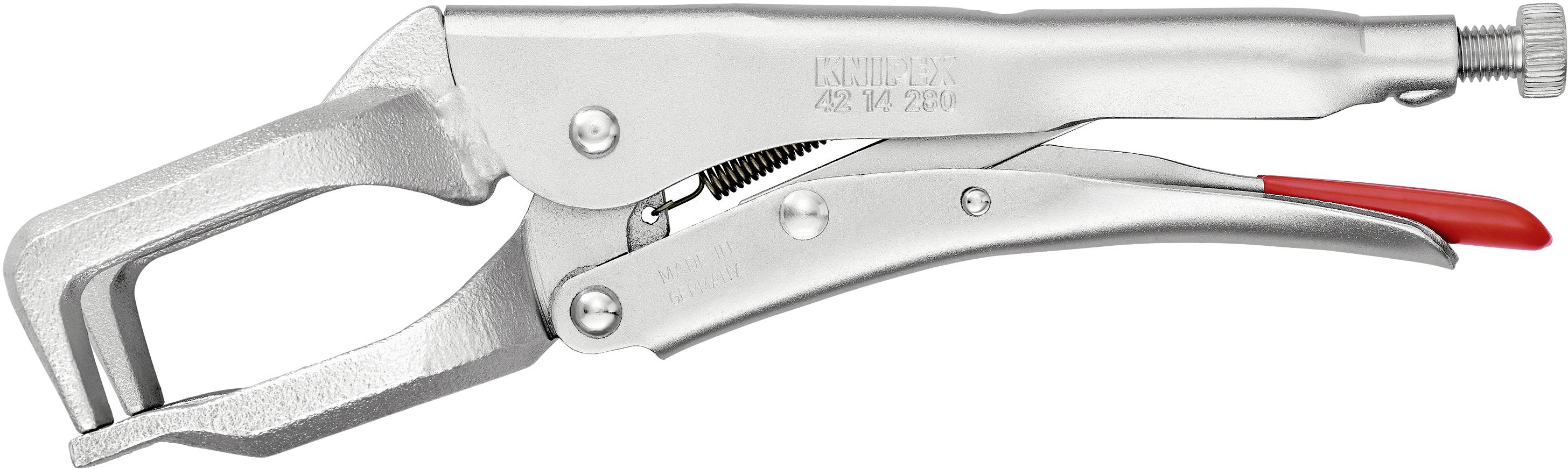 Silberfarbene Greifzange mit rotem Griffende, seitlich abgebildet. Sie besitzt einen Schraubmechanismus zur Einstellung des Drucks.