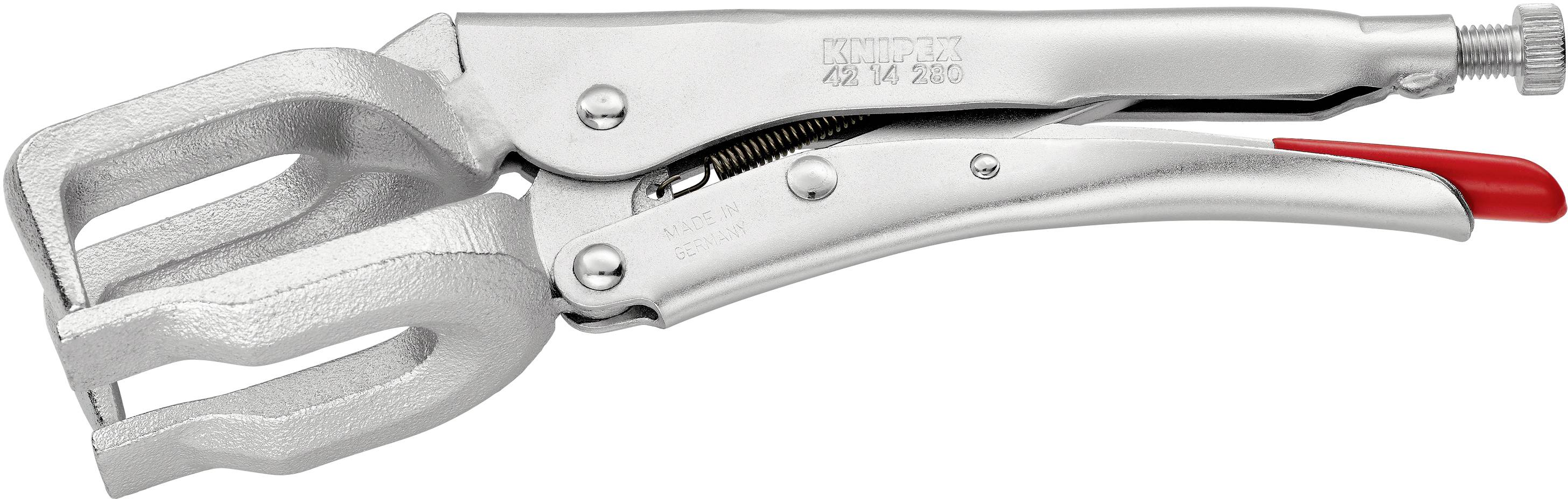 Eine silberne Feststellzange mit einer roten Griffverriegelung, die verwendet wird, um Objekte in einer bestimmten Position zu halten.