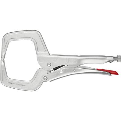 Metallzwinge mit C-Form und roten Griffen, ideal zum Festhalten von Werkstücken bei handwerklichen Arbeiten.