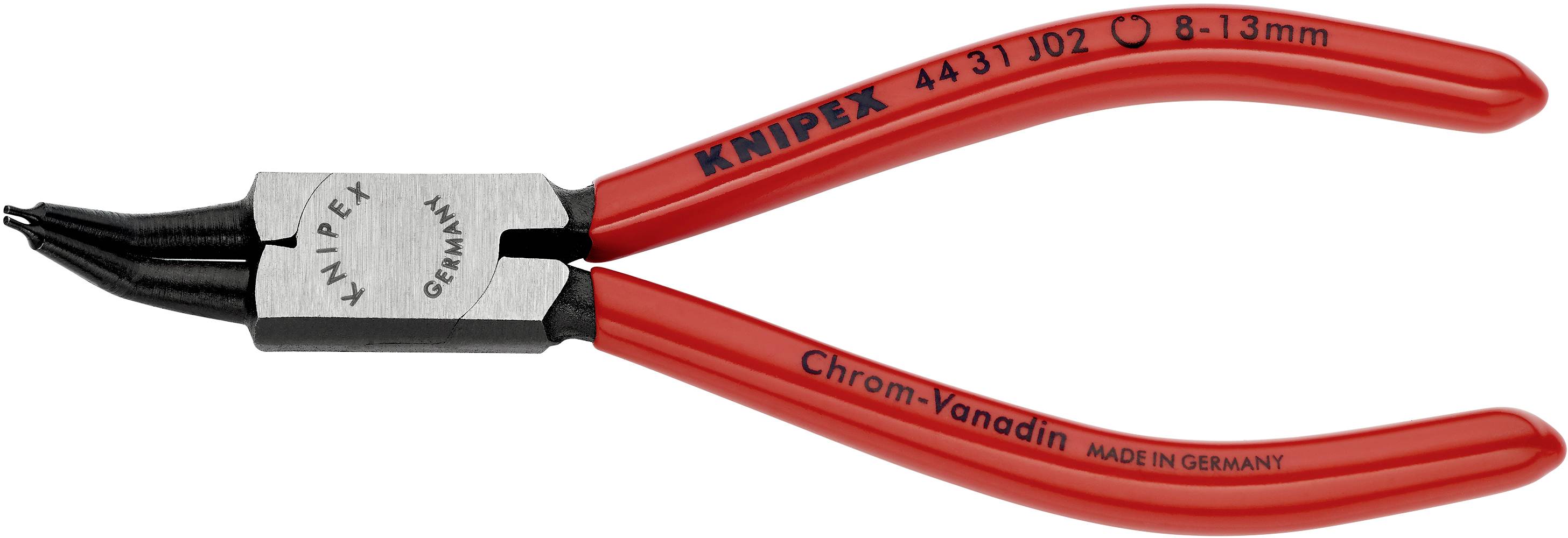 Rote Sicherungsringzange der Marke KNIPEX mit gebogenen Spitzen, geeignet für Ringe von 8-13mm. Hergestellt in Deutschland.