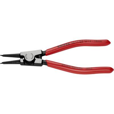 Eine rote Sprengringzange mit leicht gebogenen Griffen. Geeignet für Innenringe von 3-10 mm. Herstellerangabe: 'Knipex'.