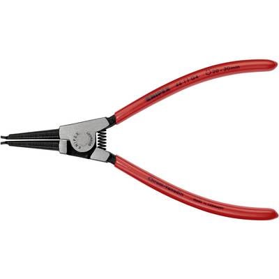 Eine rote Sicherungsringzange mit Metallbacken. Verwendet zum Einsetzen oder Entfernen von Sicherungsringen, 20–50 mm Spannweite.
