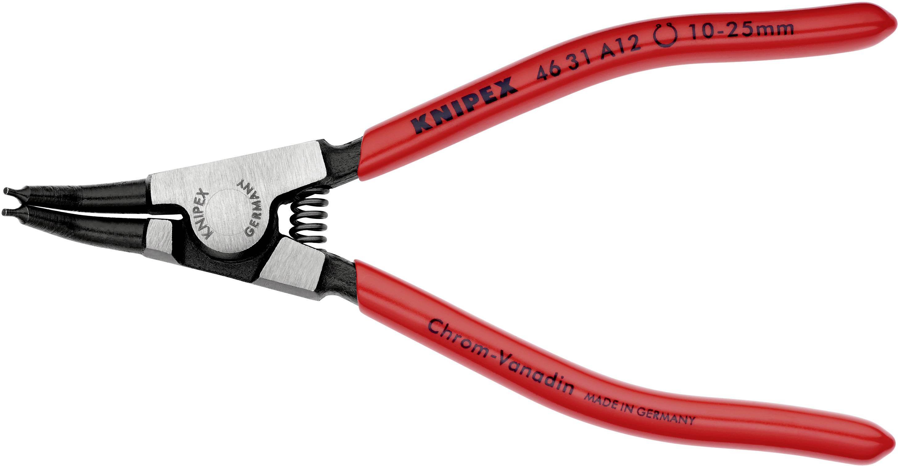Eine rote Sprengringzange mit der Aufschrift 'KNIPEX', geeignet für Sprengringe von 10-25mm, aus Chrom-Vanadium-Stahl gefertigt.