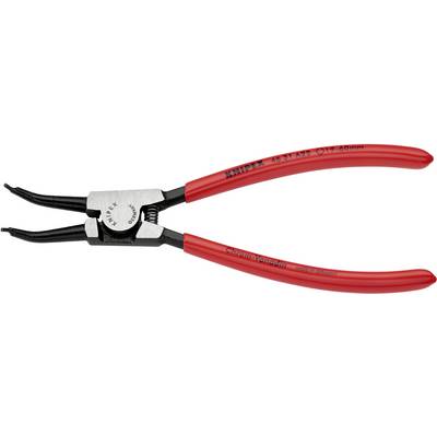 Eine rote Rundzange der Marke Knipex mit gebogenen Spitzen für die Bearbeitung von Sicherungsringen, geeignet für Durchmesser zwischen 19 und 60 mm.