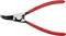 Zange mit roten Griffen, speziell für die Montage von Sprengringen. Markierung 'Knipex 46 31 A21' auf dem Werkzeug.