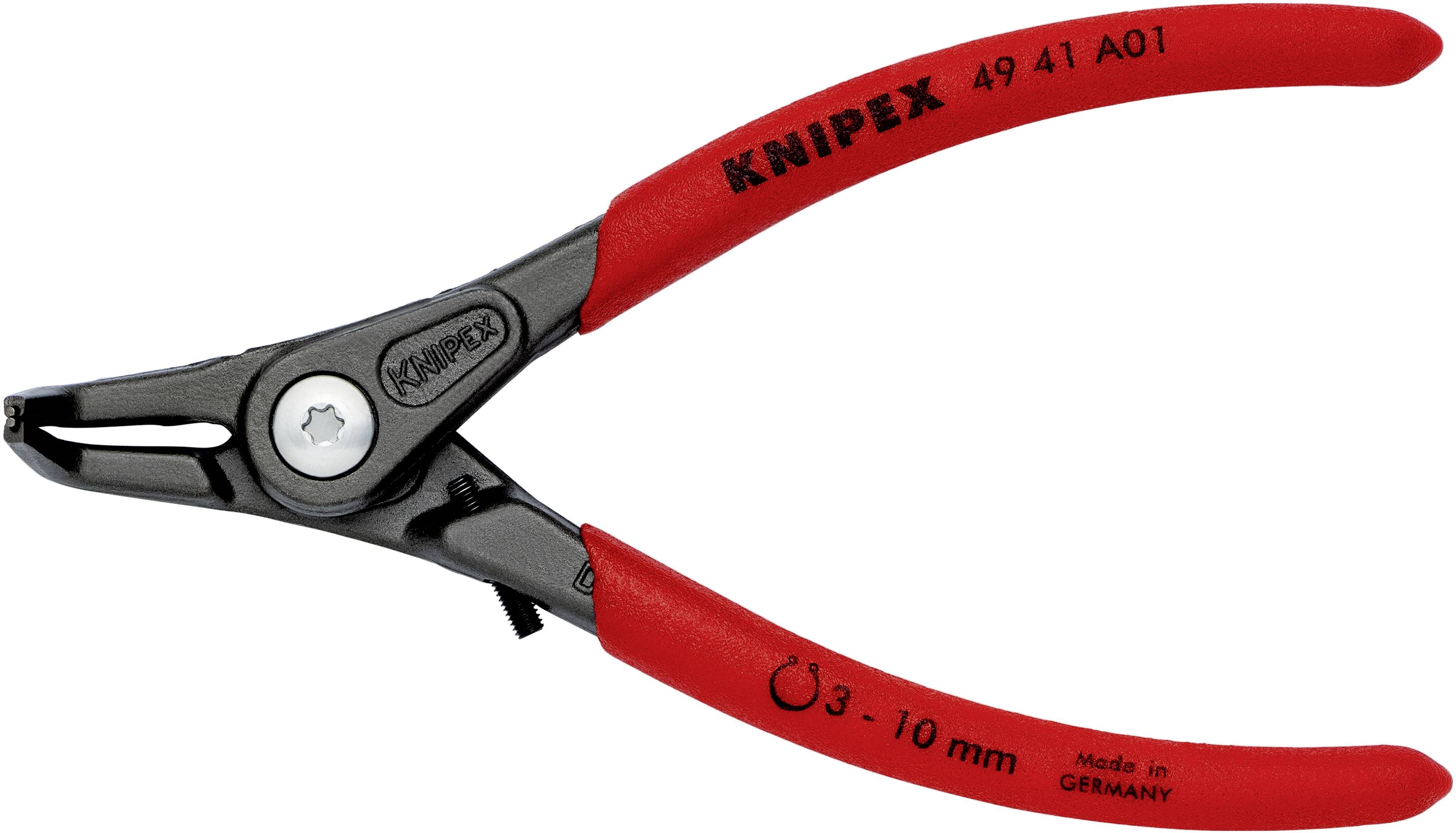 Eine rote Sprengringzange von Knipex, Modell 49 41 A01, geeignet für 3-10 mm Ringe, hergestellt in Deutschland.