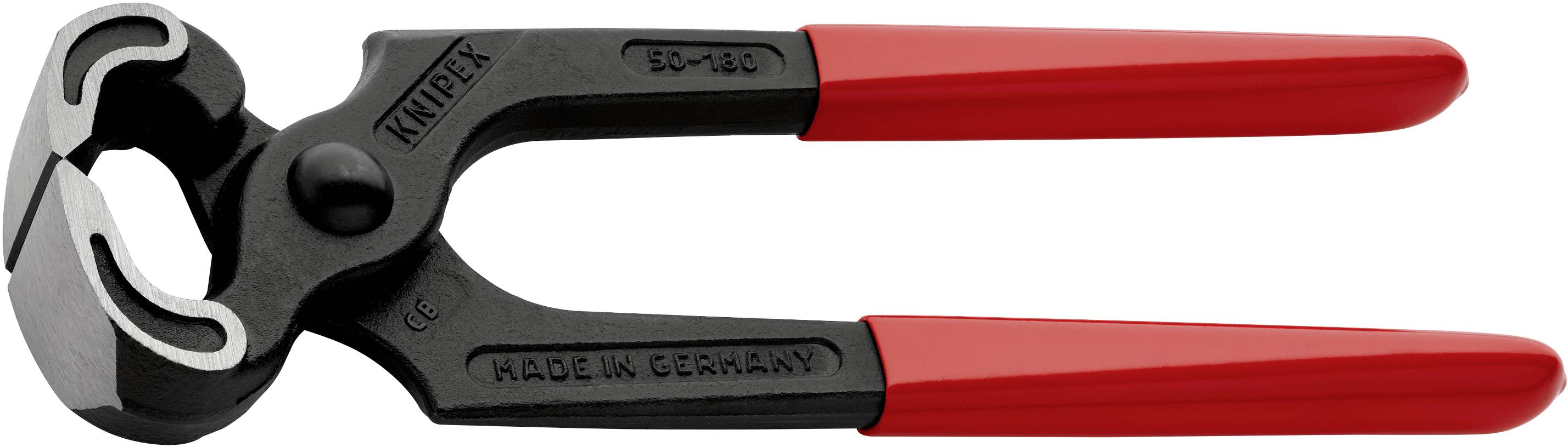 Eine schwarze Kneifzange mit roten Griffen, geeignet zum Schneiden von Drähten oder Nägeln. Markiert mit 'Knipex' und 'Made in Germany'.