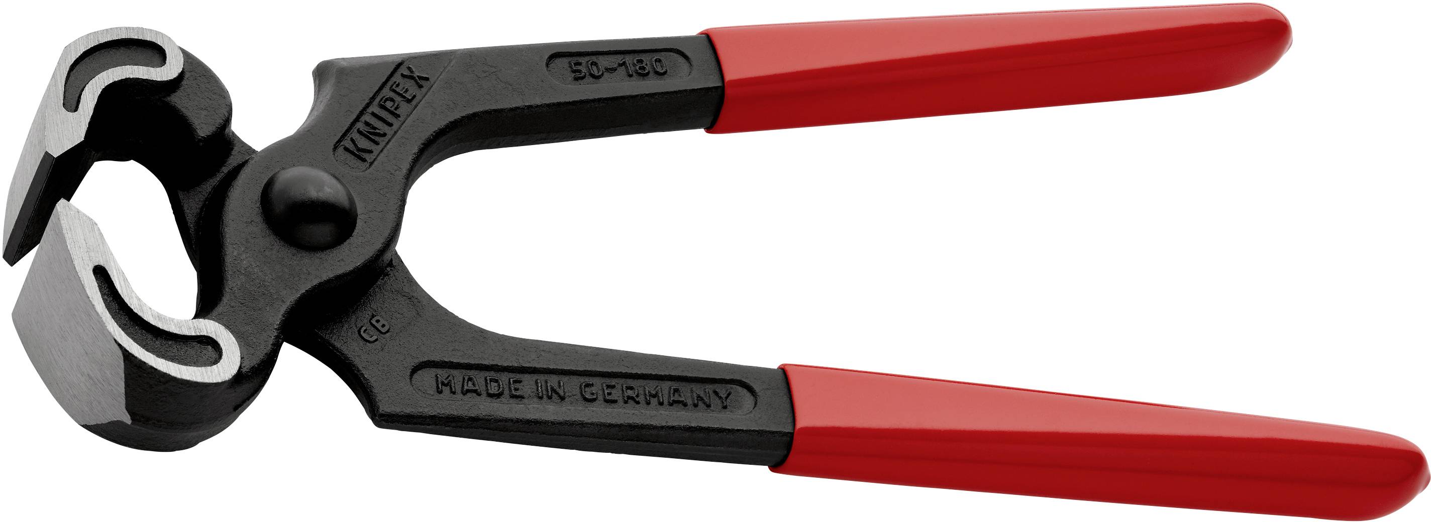 Zange mit roten Griffen und Aufschrift 'Made in Germany', verwendet zum Greifen und Schneiden von Drähten oder anderen Materialien.
