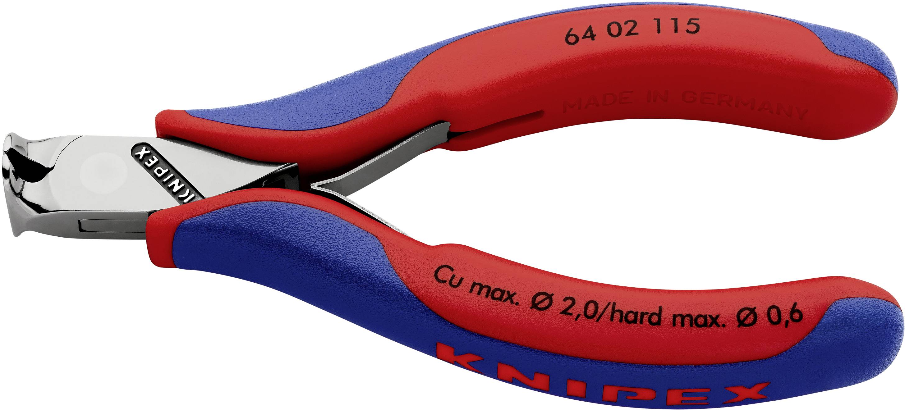 Kleiner Seitenschneider mit blau-rotem Griff. Aufdruck: 'KNIPPEX', 'Cu max. Ø 2,0/hard max. Ø 0,6', 'Made in Germany'.