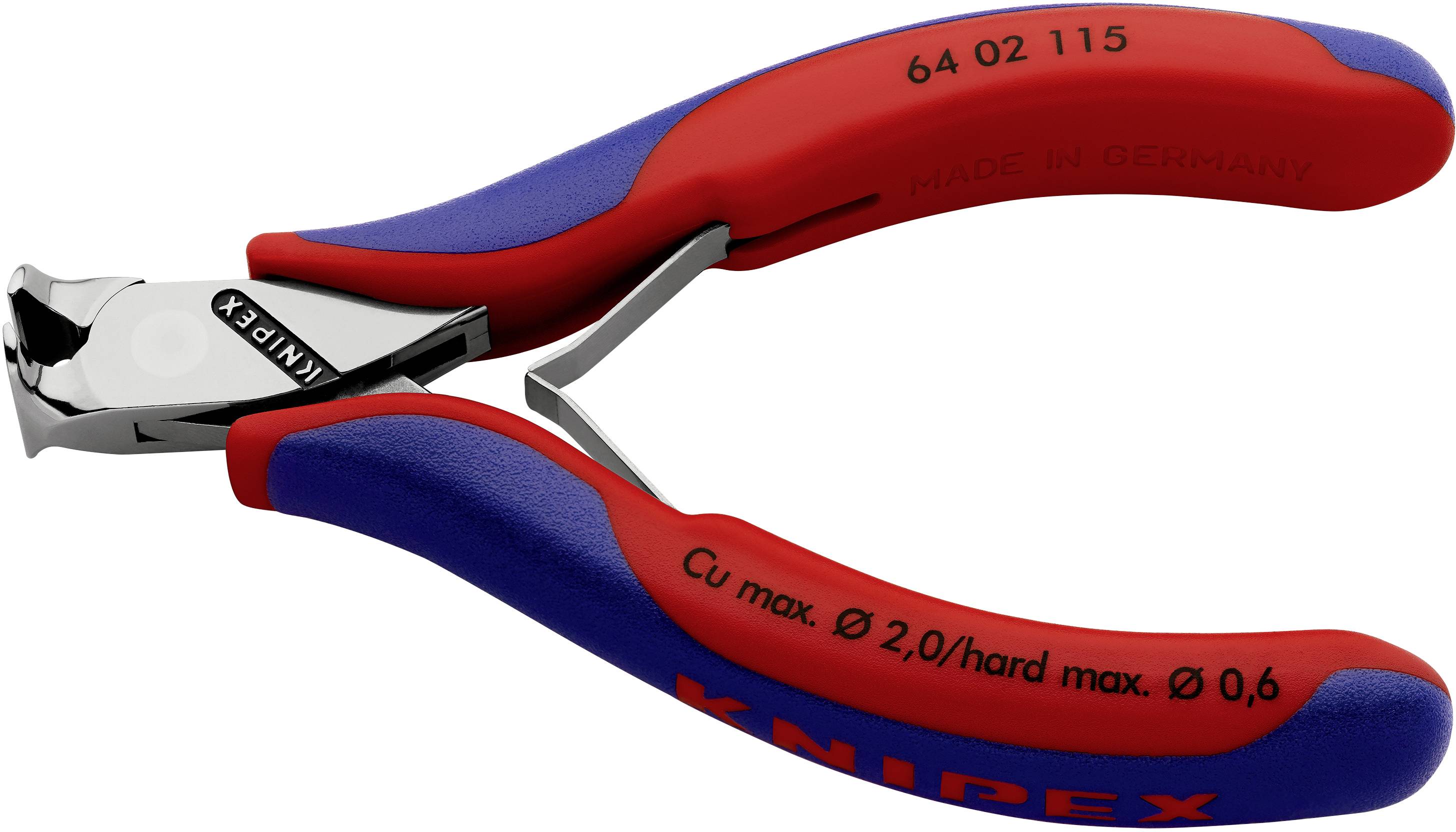 Eine rote und blaue Zange mit der Aufschrift 'Knipex', geeignet zum Schneiden von Kupfer bis 2,0 mm und hartem Draht bis 0,6 mm.