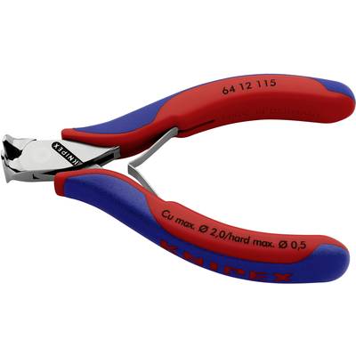 Eine rote und blaue Knipex-Zange mit der Aufschrift 'Cu max. Ø 2,0/hard max. Ø 0,5'. Hergestellt in Deutschland, Modellnummer 64 12 115.