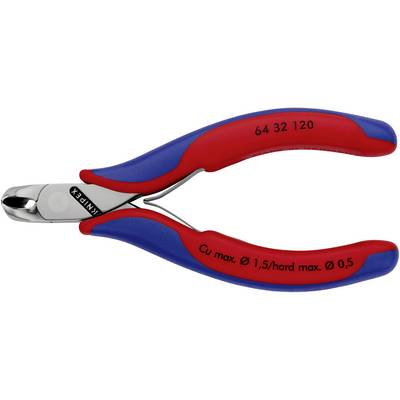 Rote und blaue Kabelschneider aus Metall, geeignet für Kupferdrähte bis 1,5 mm Dicke. Aufschrift: 'Cu max. Ø 1,5/hard max. Ø 0,5'.