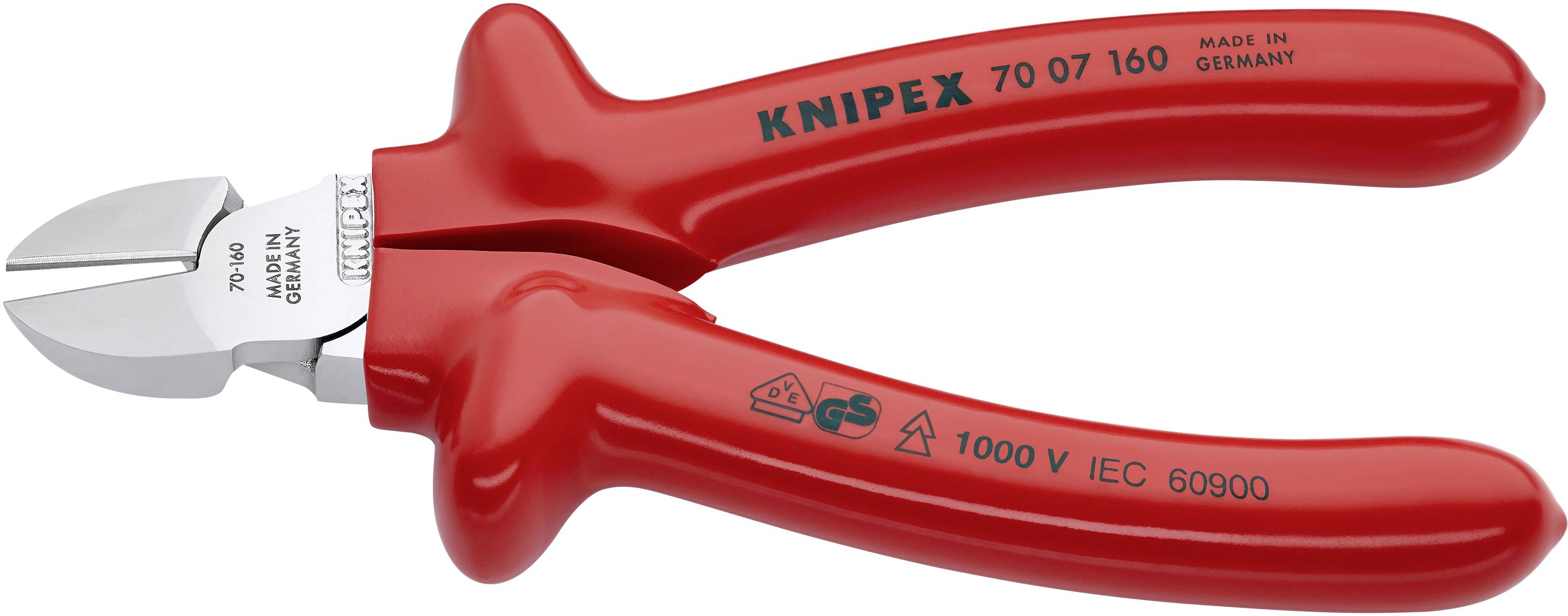 Seitenschneider mit roten Griffen, Aufschrift 'KNIPEX 70 07 160', geeignet für Kabel bis 1000 V, hergestellt in Deutschland.