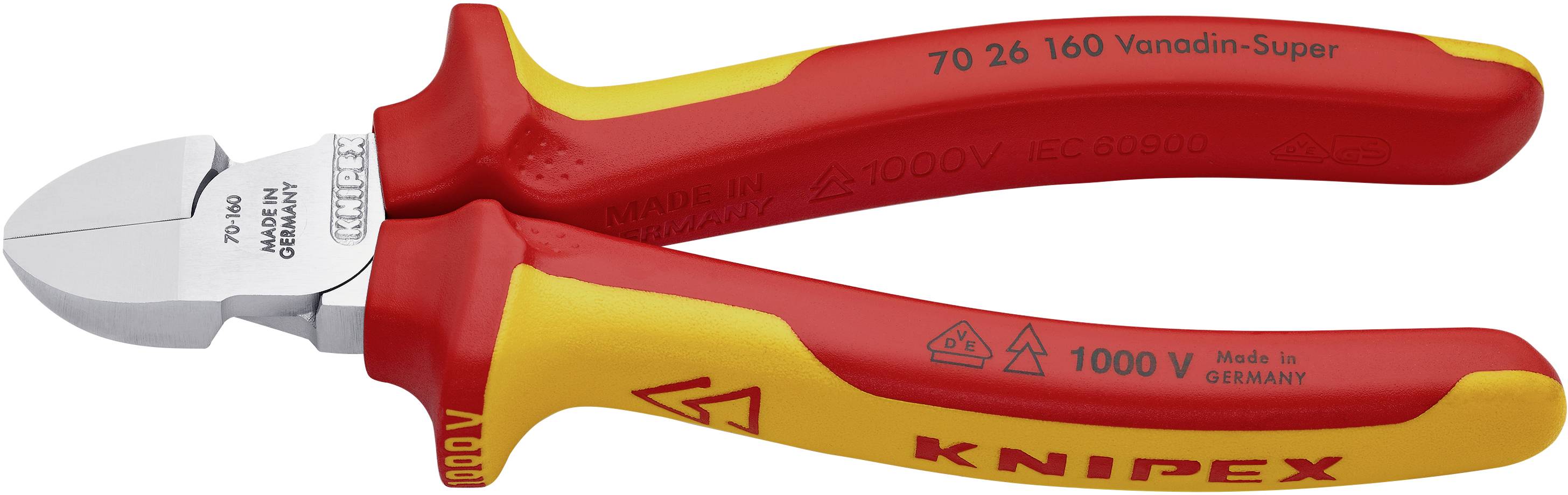 Rote und gelbe Knipex Seitenschneider, isoliert für 1000V, mit Aufdrucken '70 26 160 Vanadin-Super', '1000 V', und Herstellerangaben.